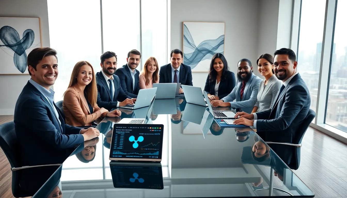 diverse financial professionals discussing Ripple cryptocurrency in a modern office.