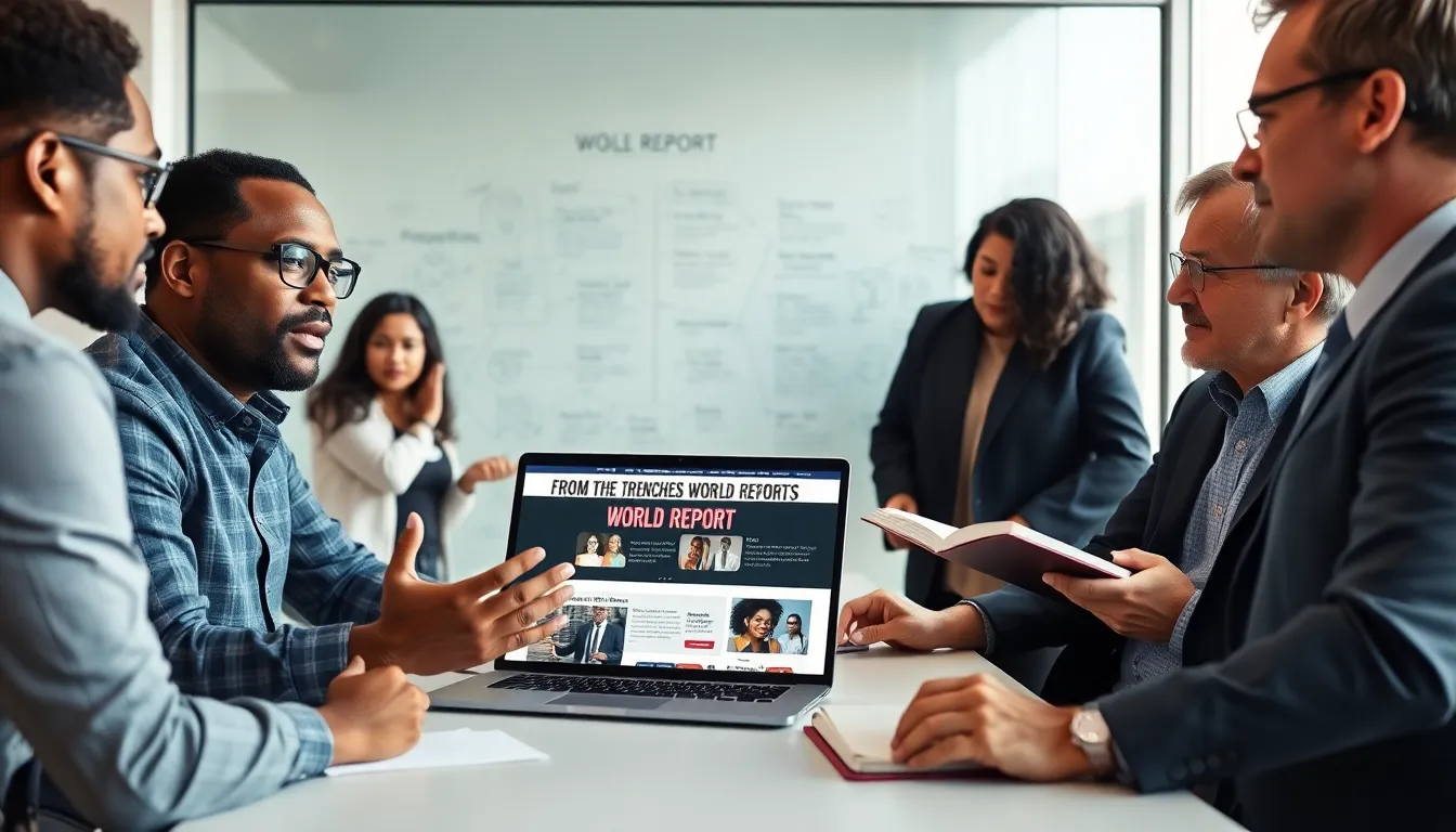 diverse professionals discussing current events in a modern office.