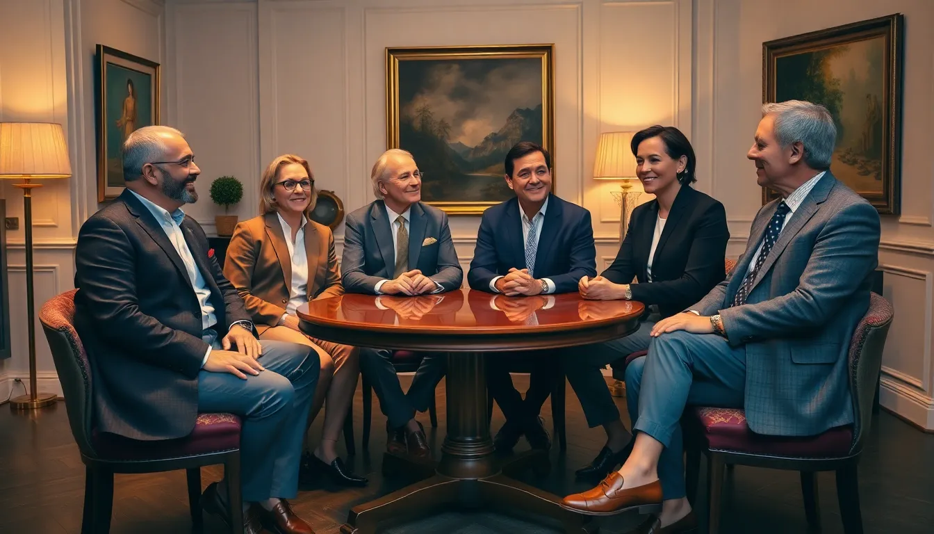 diverse group embodying modern old money style in an elegant setting.