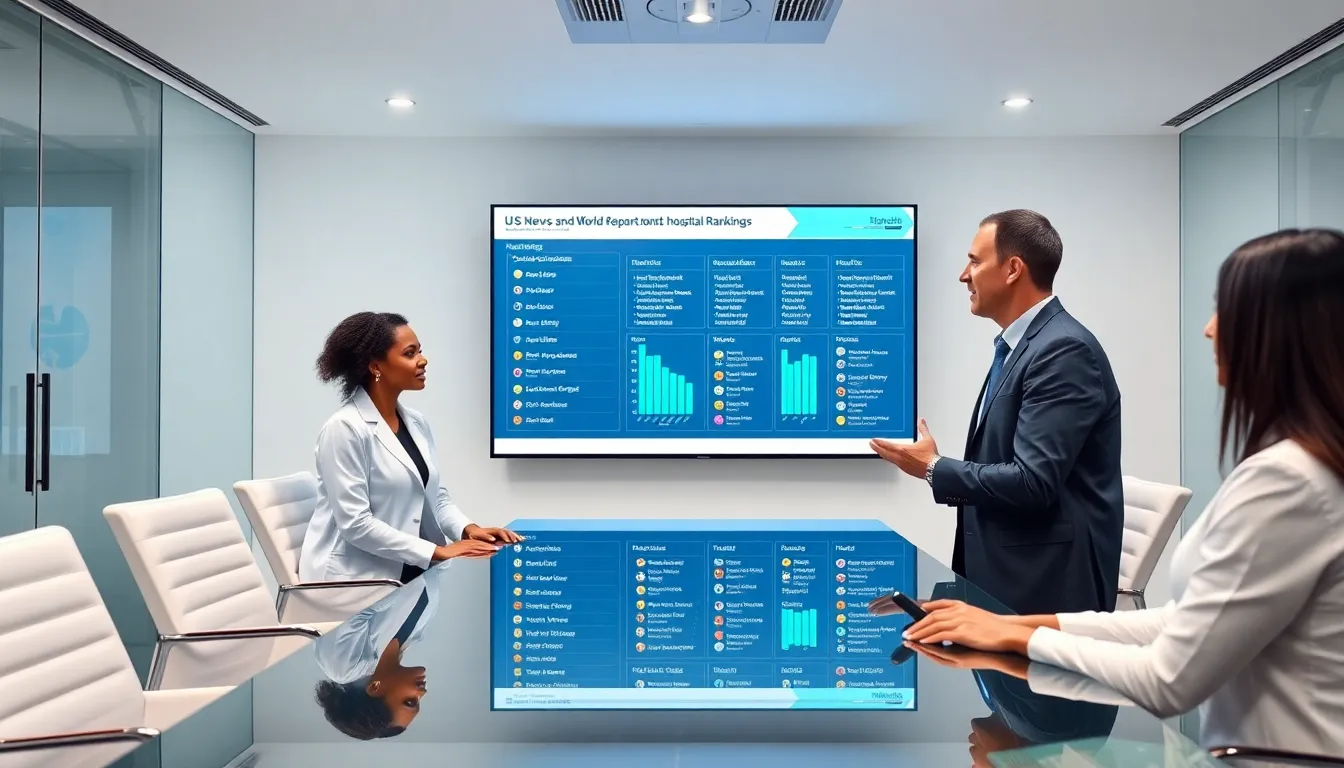 diverse healthcare professionals discussing hospital rankings in a modern office.